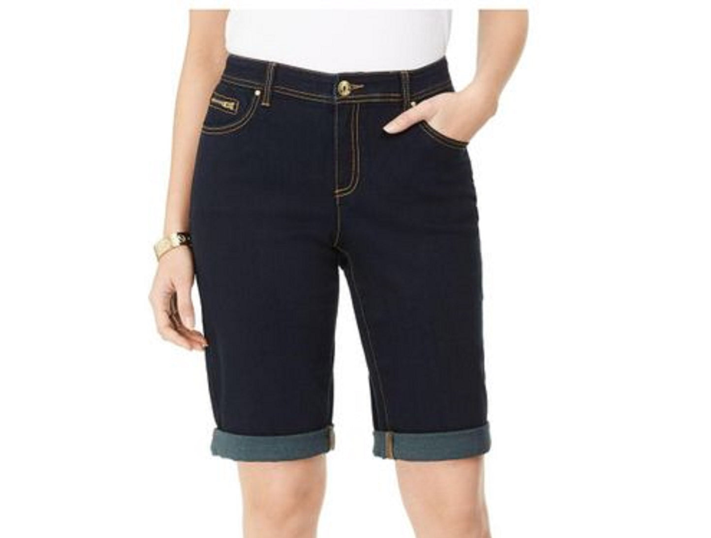 Shorts jeans femininos INC International Concepts com ajuste curvilíneo e acabamento contrastante, azul-marinho, tamanho 6