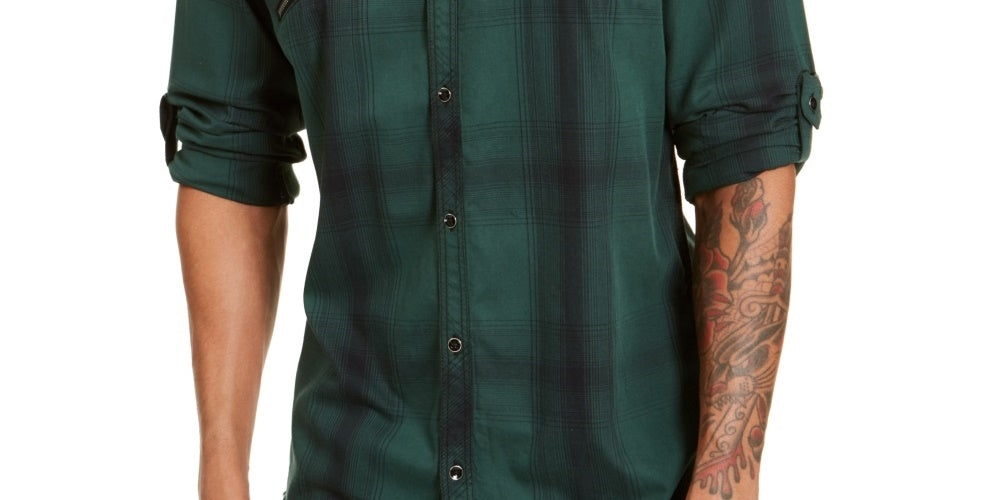 Camisa utilitária xadrez masculina INC International Concepts, verde, tamanho grande