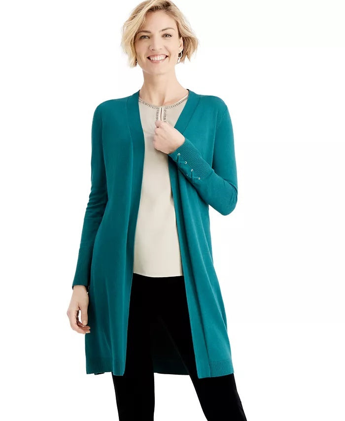 Cardigan feminino com mangas amarradas JM Collection, verde escuro, tamanho grande
