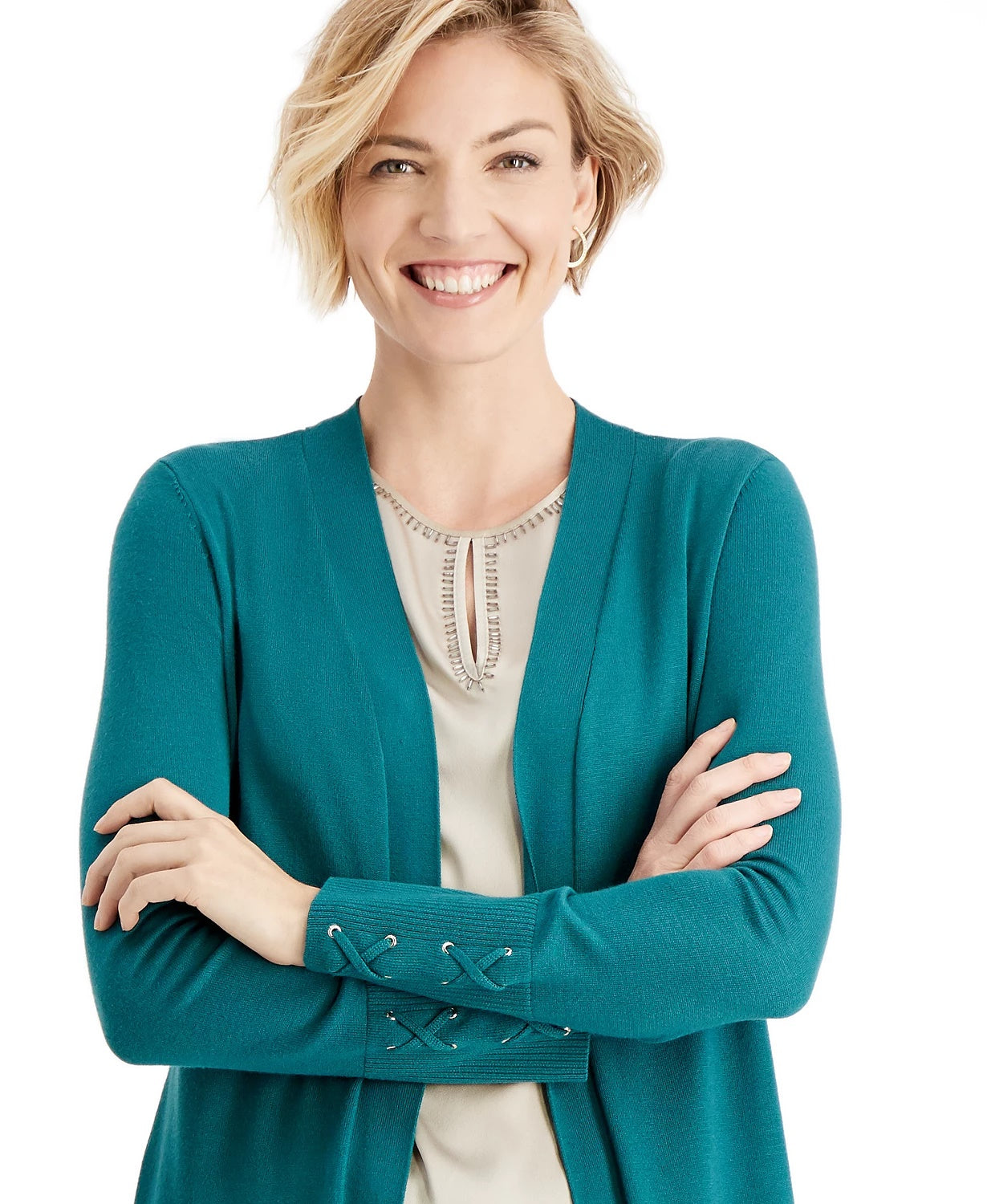 Cardigan feminino com mangas amarradas JM Collection, verde escuro, tamanho grande