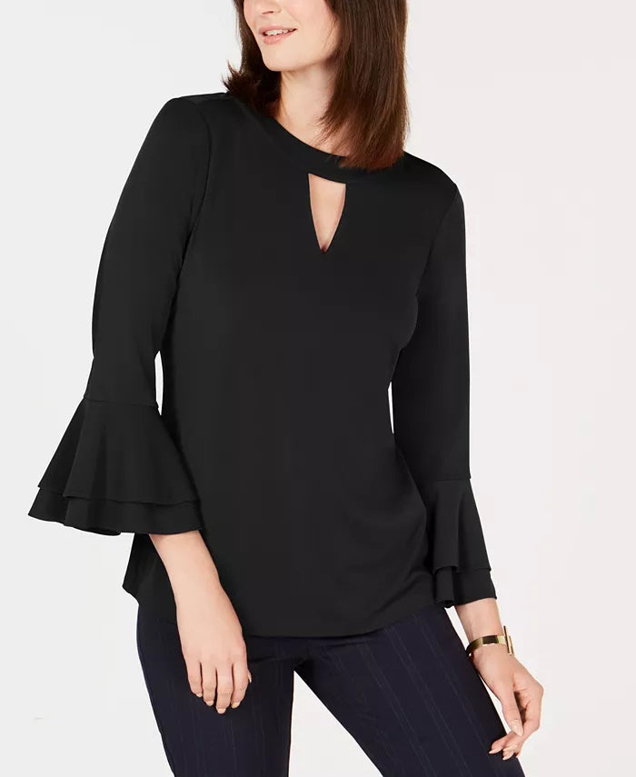 Blusa feminina Charter Club com manga sino e decote em V, preta, tamanho P