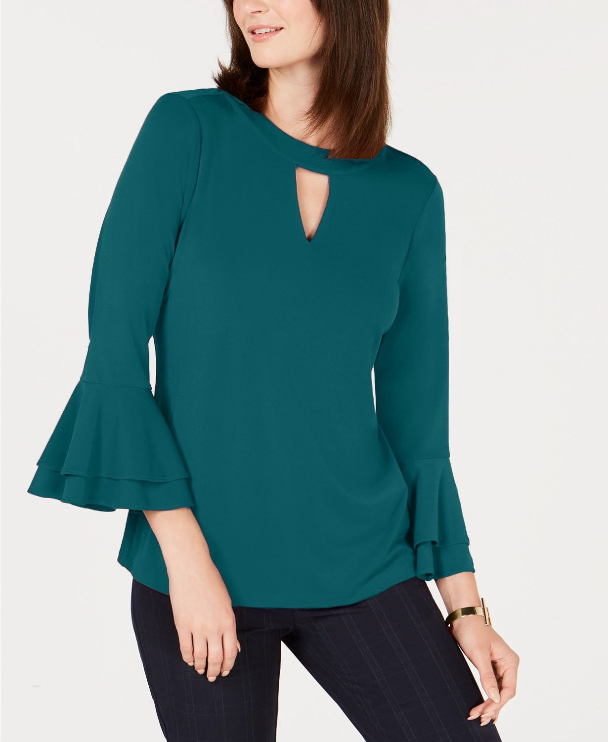 Blusa feminina Charter Club com manga sino e decote em V, verde-escuro, tamanho médio