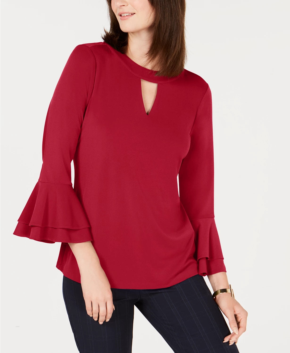 Charter Club Blusa Feminina Manga Sino com Decote em V Vermelho Tamanho X-G