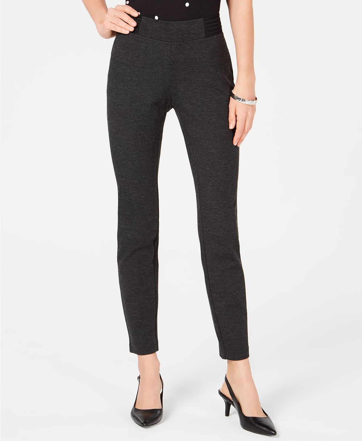 Calça skinny elástica exposta com cós largo Alfani feminina, preta, tamanho 4, pequena