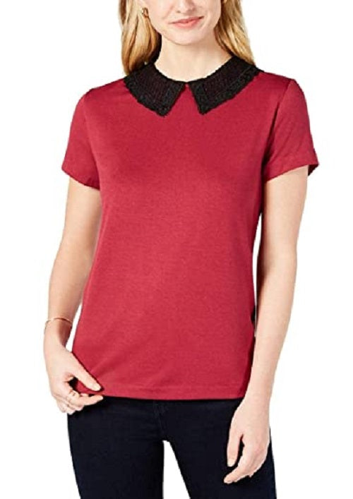 Blusa feminina Maison Jules com gola de renda, vermelha escura, tamanho pequeno