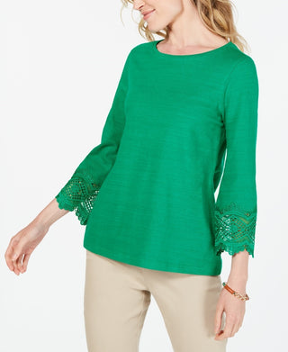 Charter Club Women's Cotton Lace Trim Top Green Size Small