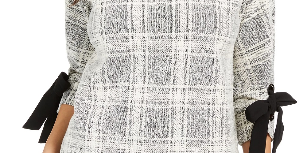 Charter Club Top feminino xadrez pequeno com punho amarrado, preto, tamanho pequeno grande