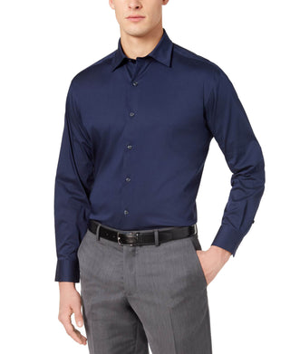 Camisa social masculina grande e alta, lisa, azul escuro, tamanho 34-35, da Alfatech By Alfani