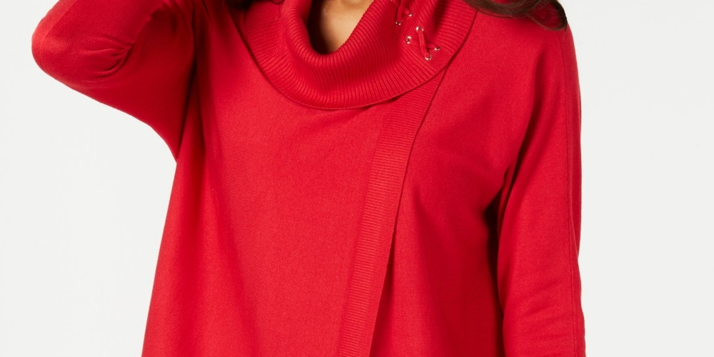 Suéter feminino JM Collection com gola alta e capuz, tamanho grande, vermelho