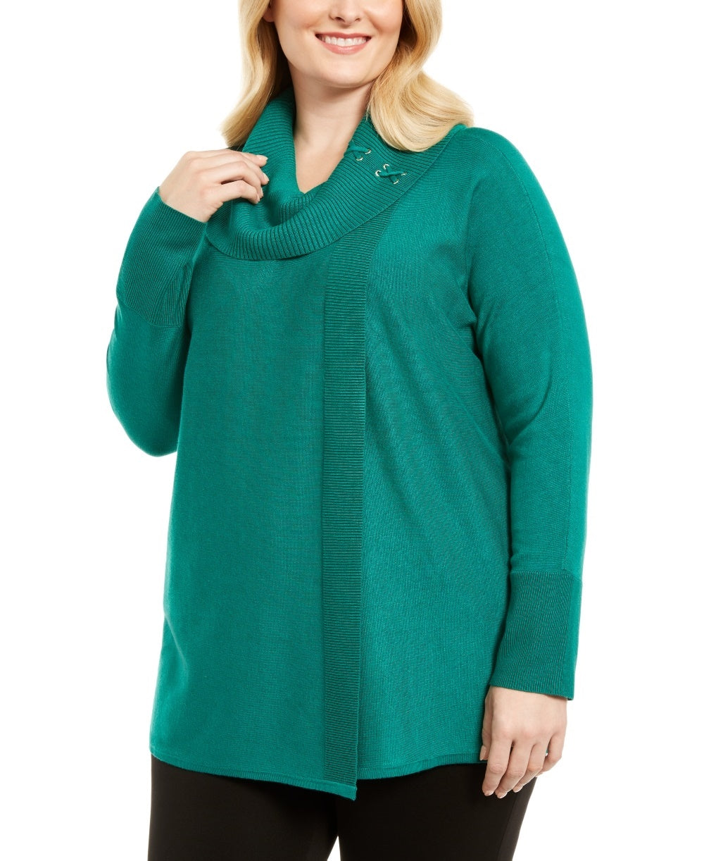 JM Collection Suéter feminino plus size com amarração e gola alta, verde, tamanho 2X