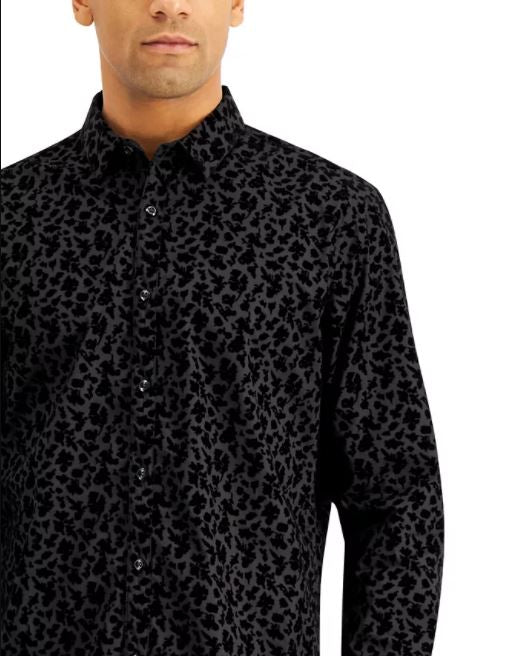 Camisa masculina floral flocada da INC International Concepts, preta, tamanho XX-G