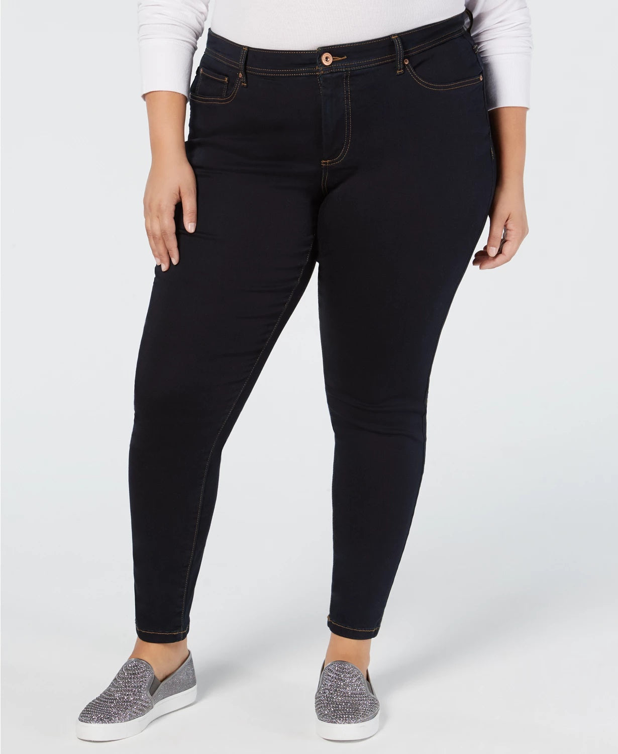 Calça jeans skinny plus size feminina INC International Concepts Plus Tummy Control Beyond Stretch, preta, tamanho 14W