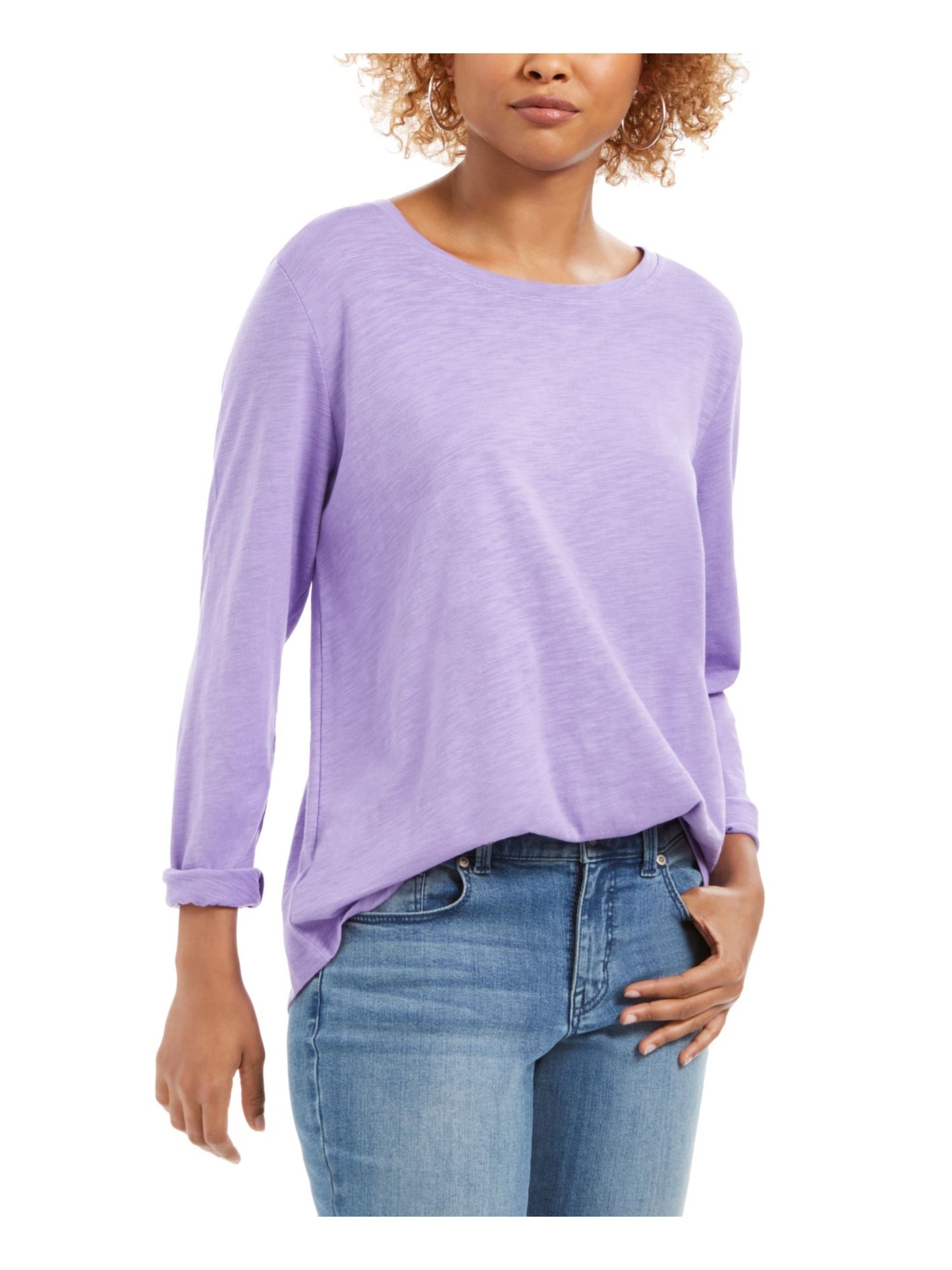 Blusa feminina de manga comprida e gola redonda, roxa, tamanho grande, estilo &amp; co