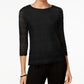Top feminino Charter Club Petite Lace com manga 3/4, preto, tamanho médio
