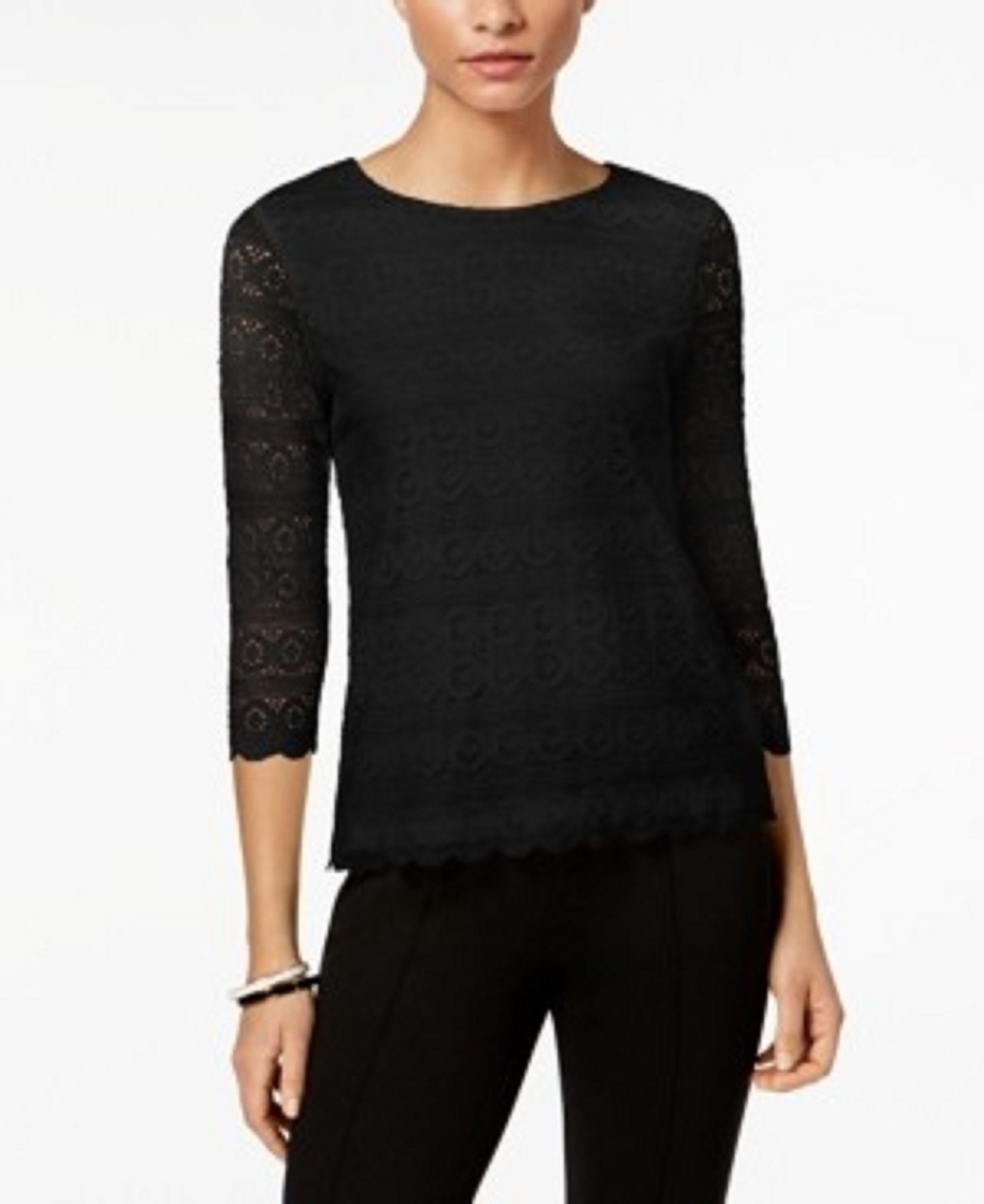 Top feminino Charter Club Petite Lace com manga 3/4, preto, tamanho médio