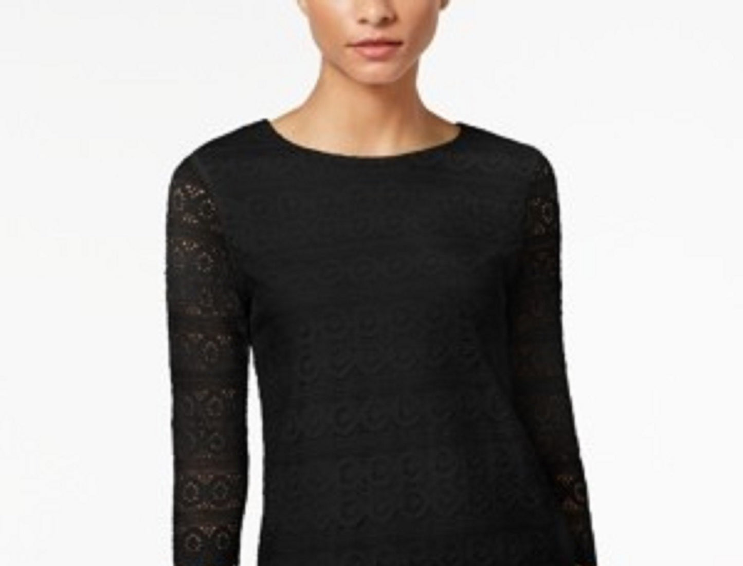 Top feminino Charter Club Petite Lace com manga 3/4, preto, tamanho médio