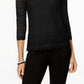 Top feminino Charter Club Petite Lace com manga 3/4, preto, tamanho médio