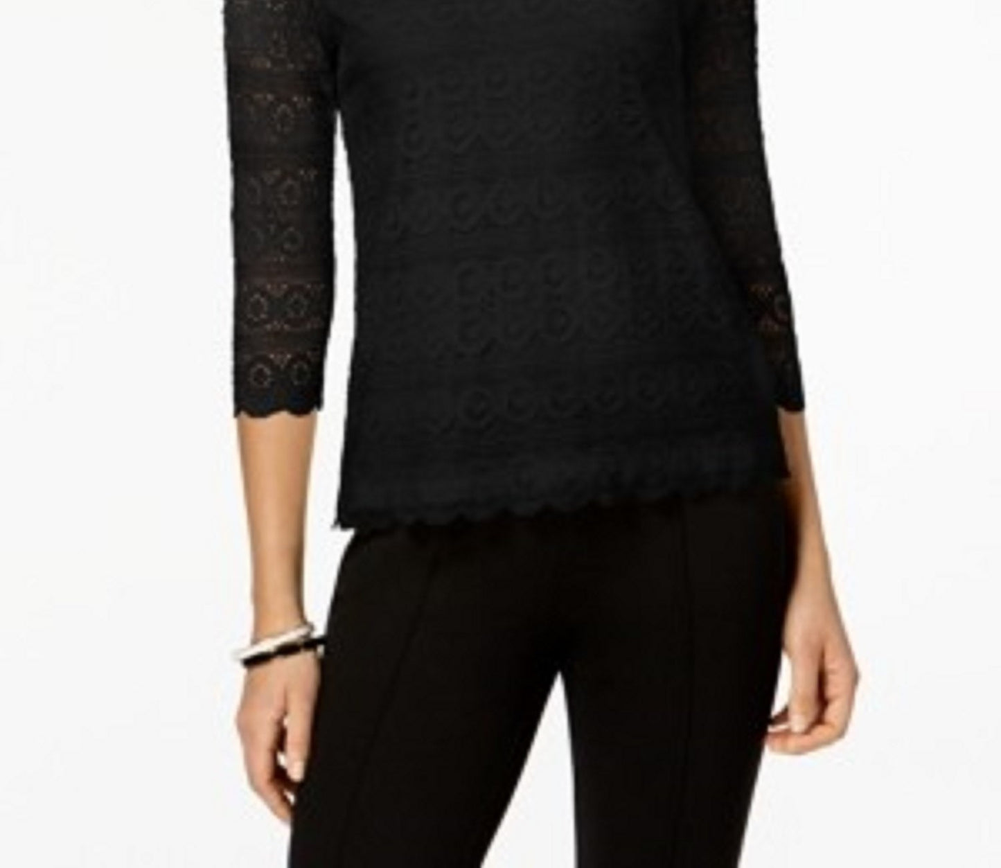 Top feminino Charter Club Petite Lace com manga 3/4, preto, tamanho médio