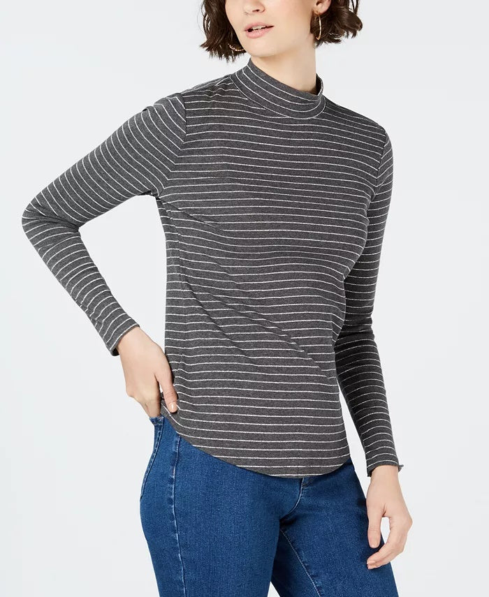Camiseta feminina de algodão listrada com gola alta Charter Club, cinza escuro, tamanho XXG