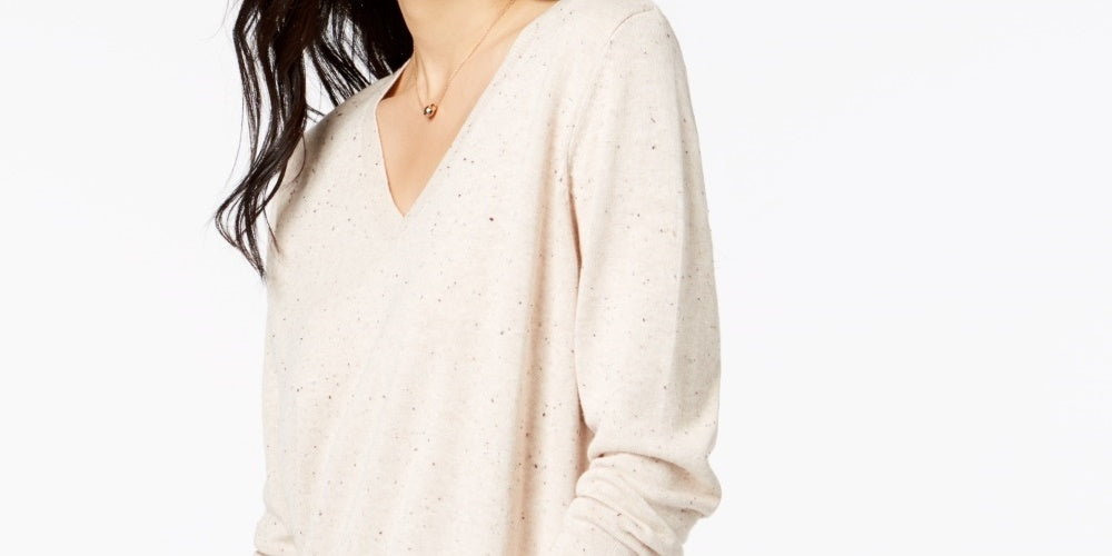 Suéter túnica feminino Maison Jules de algodão com decote em V e manchas mescladas bege, tamanho grande