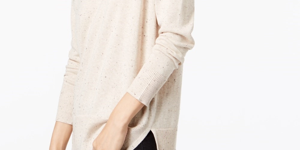 Suéter túnica feminino Maison Jules de algodão com decote em V e manchas mescladas bege, tamanho grande