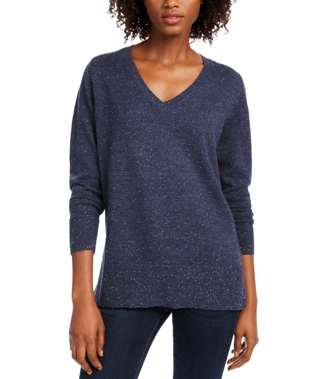 Suéter túnica feminino Maison Jules de algodão com decote em V, azul, tamanho pequeno