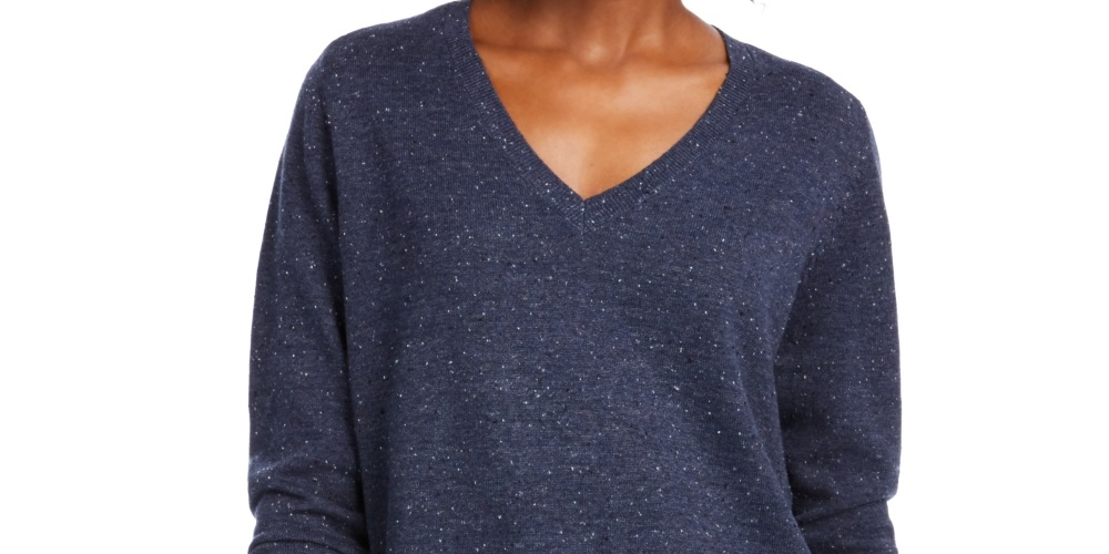 Suéter túnica feminino Maison Jules de algodão com decote em V, azul, tamanho pequeno