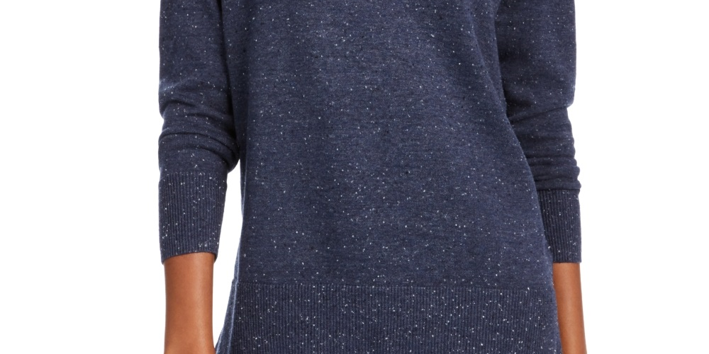 Suéter túnica feminino Maison Jules de algodão com decote em V, azul, tamanho pequeno