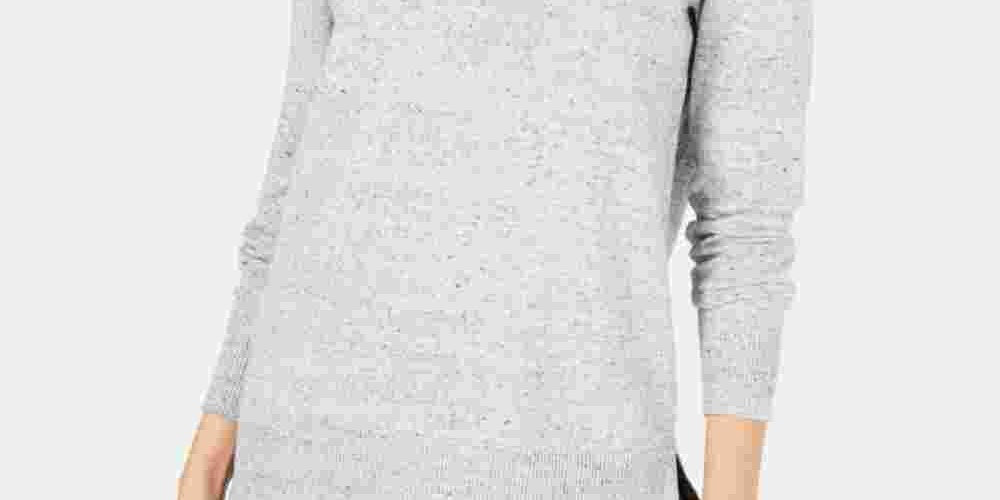 Suéter túnica feminino Maison Jules de algodão com decote em V, cinza, tamanho grande