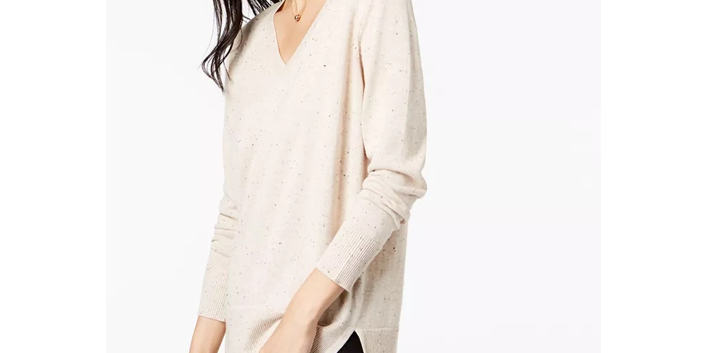 Suéter túnica feminino Maison Jules de algodão com decote em V, cinza, tamanho pequeno