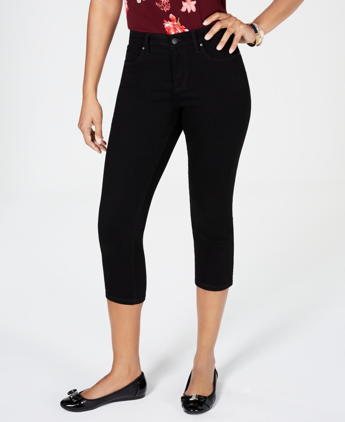 Calça jeans feminina Charter Club Tummy Control Bristol Capri preta tamanho 10