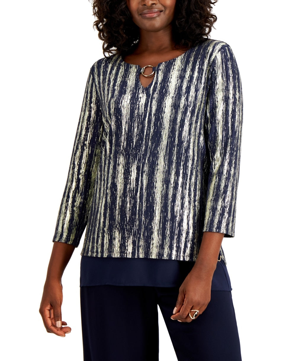 JM Collection Top Feminino Metálico O-Ring Keyhole Azul Tamanho Pequeno