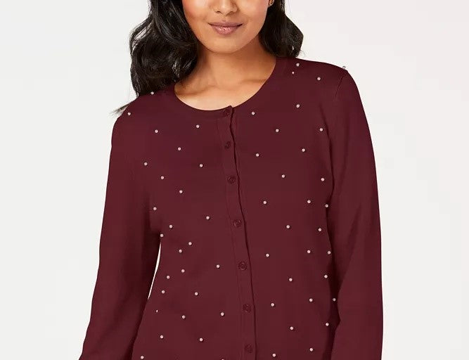 Cardigan feminino com botões e detalhes em pérolas artificiais, tamanho pequeno, vinho, da Charter Club
