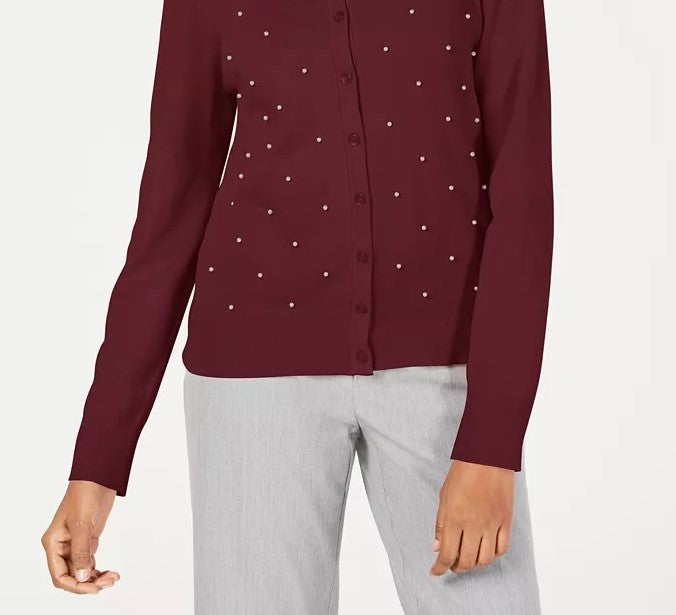 Cardigan feminino com botões e detalhes em pérolas artificiais, tamanho pequeno, vinho, da Charter Club