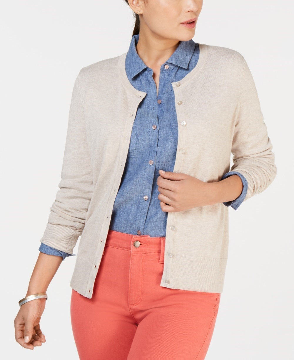 Cardigan feminino de manga comprida com botões frontais Charter Club, bege, tamanho extragrande