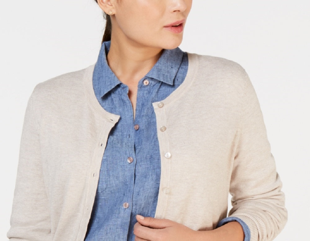 Cardigan feminino de manga comprida com botões frontais Charter Club, bege, tamanho extragrande
