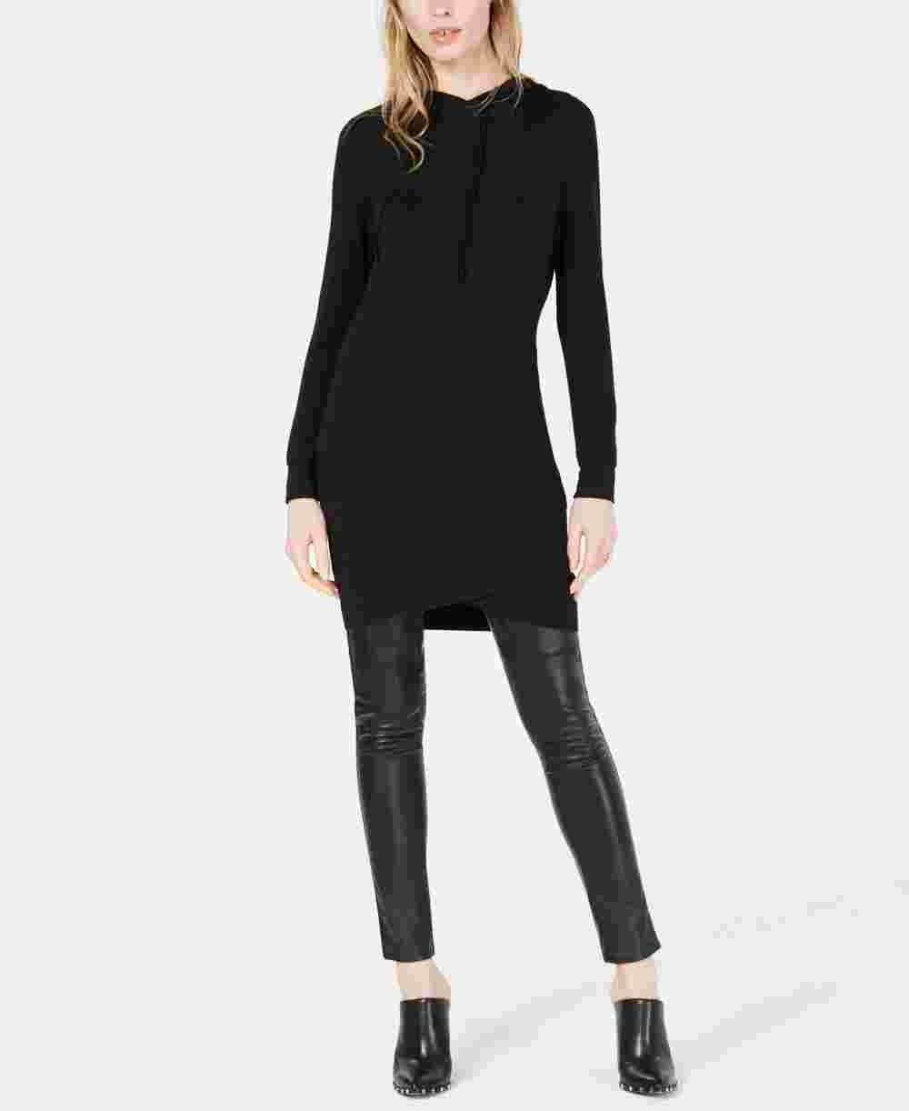 Bar III Suéter túnica feminino preto com capuz, manga comprida, gola redonda, tamanho pequeno