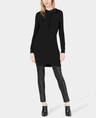 Bar III Suéter túnica feminino preto com capuz, manga comprida, gola redonda, tamanho pequeno