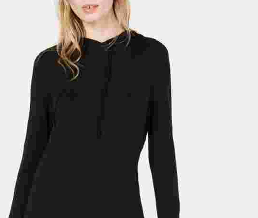 Bar III Suéter túnica feminino preto com capuz, manga comprida, gola redonda, tamanho pequeno