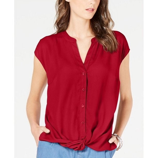 Blusa feminina com botões frontais e torcidos INC International Concepts, vermelha, tamanho pequeno, extragrande