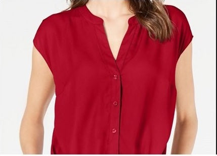 Blusa feminina com botões frontais e torcidos INC International Concepts, vermelha, tamanho pequeno, extragrande