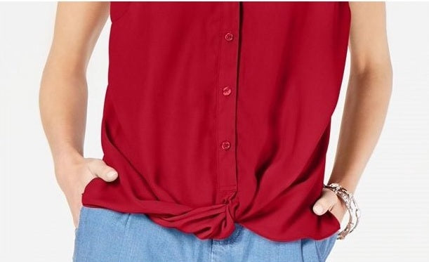 Blusa feminina com botões frontais e torcidos INC International Concepts, vermelha, tamanho pequeno, extragrande