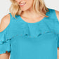 Blusa feminina ombro a ombro com babados, azul, tamanho grande, coleção JM
