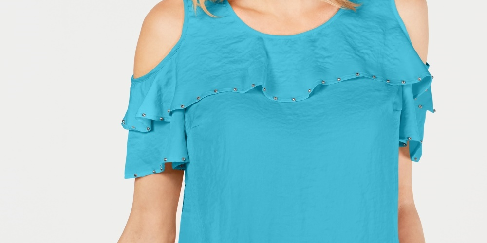 Blusa feminina com babados e ombros de fora, azul, tamanho médio, da coleção JM