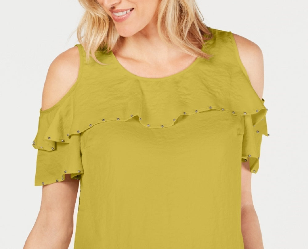 JM Collection Blusa feminina com babados e ombros de fora, verde, tamanho grande