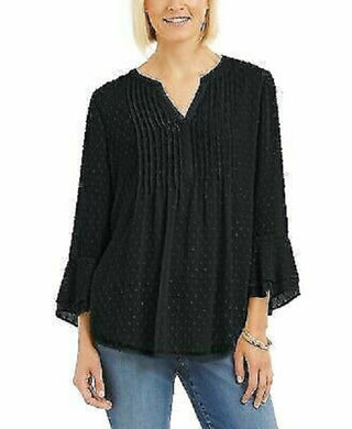 Charter Club Women's Double-Ruffle Textured Pintuck Top Black Size X-Small