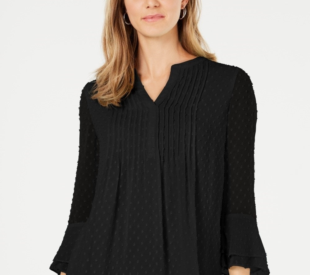 Charter Club Top feminino pequeno com babados duplos texturizado e franzido, preto, tamanho médio