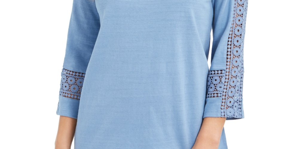 Top feminino Charter Club Petite com manga de crochê, azul, pequeno, extragrande