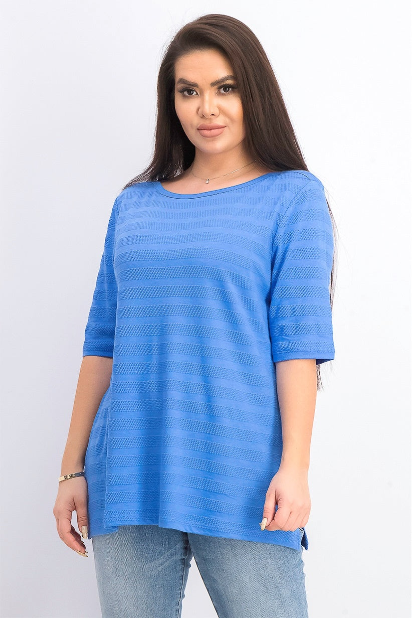 Charter Club Blusa feminina de algodão texturizado com listras e mangas curtas, turquesa/azul-marinho, tamanho XXG