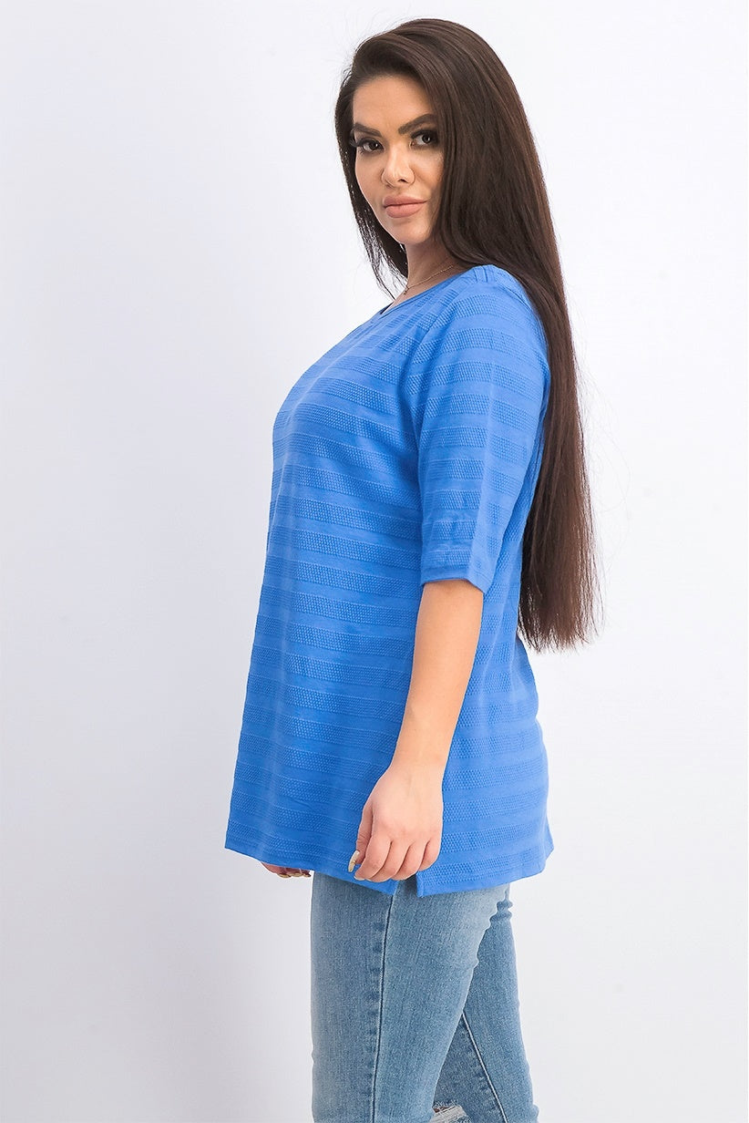 Charter Club Top feminino de algodão com textura listrada e manga cotovelo, azul, tamanho médio